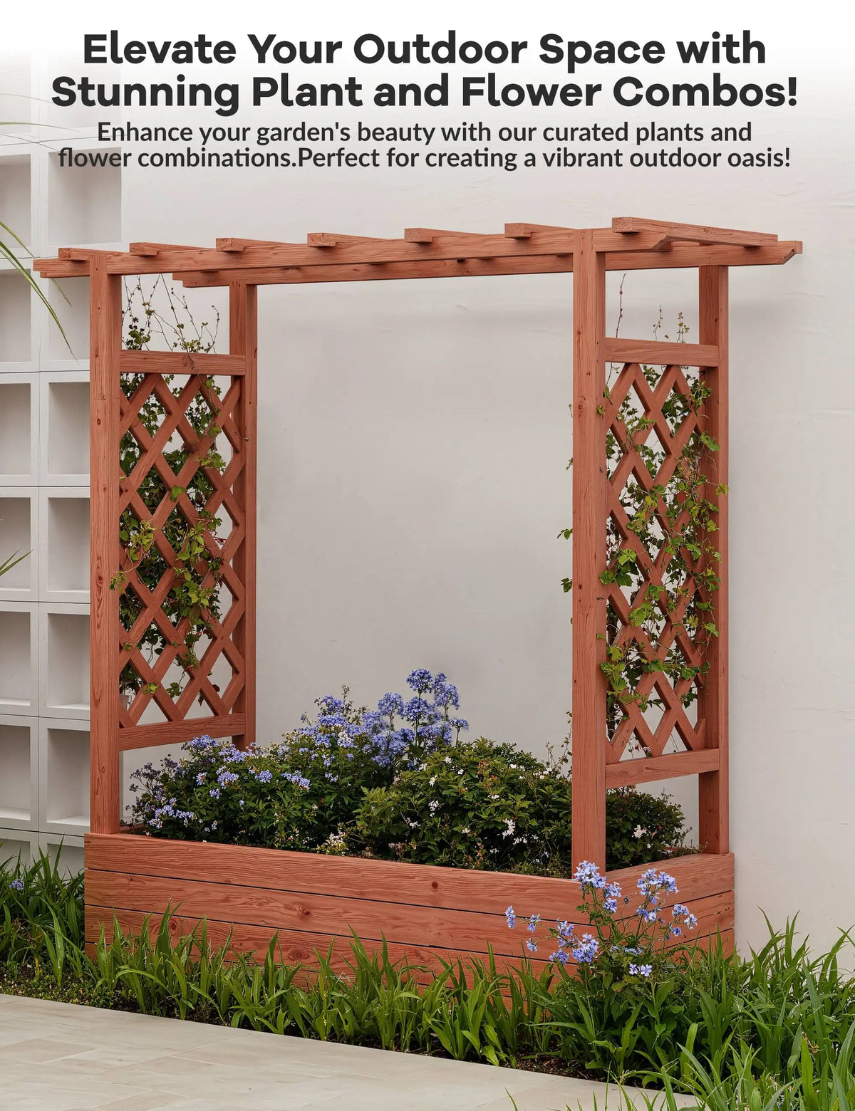 HiMISS Wooden Raised Garden Bed With Trellis Canopy Drainage