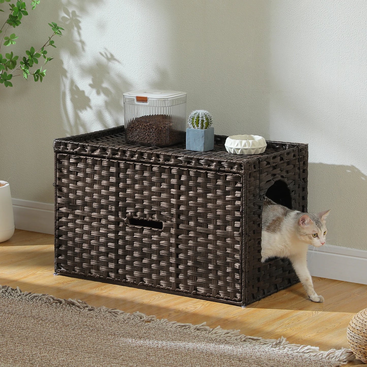 PEQULTI Rattan Litter Box Enclosure With Taller Doorway Flip-Up Design.