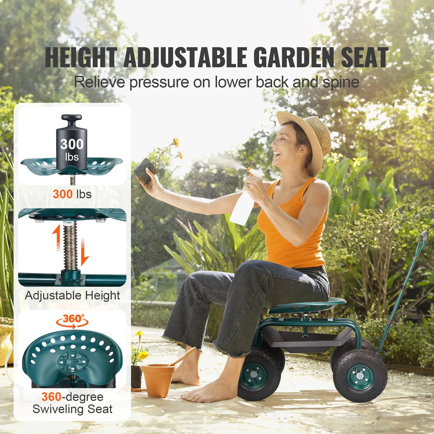 SucceBuy Garden Cart Rolling Workseat With Swivel Seat