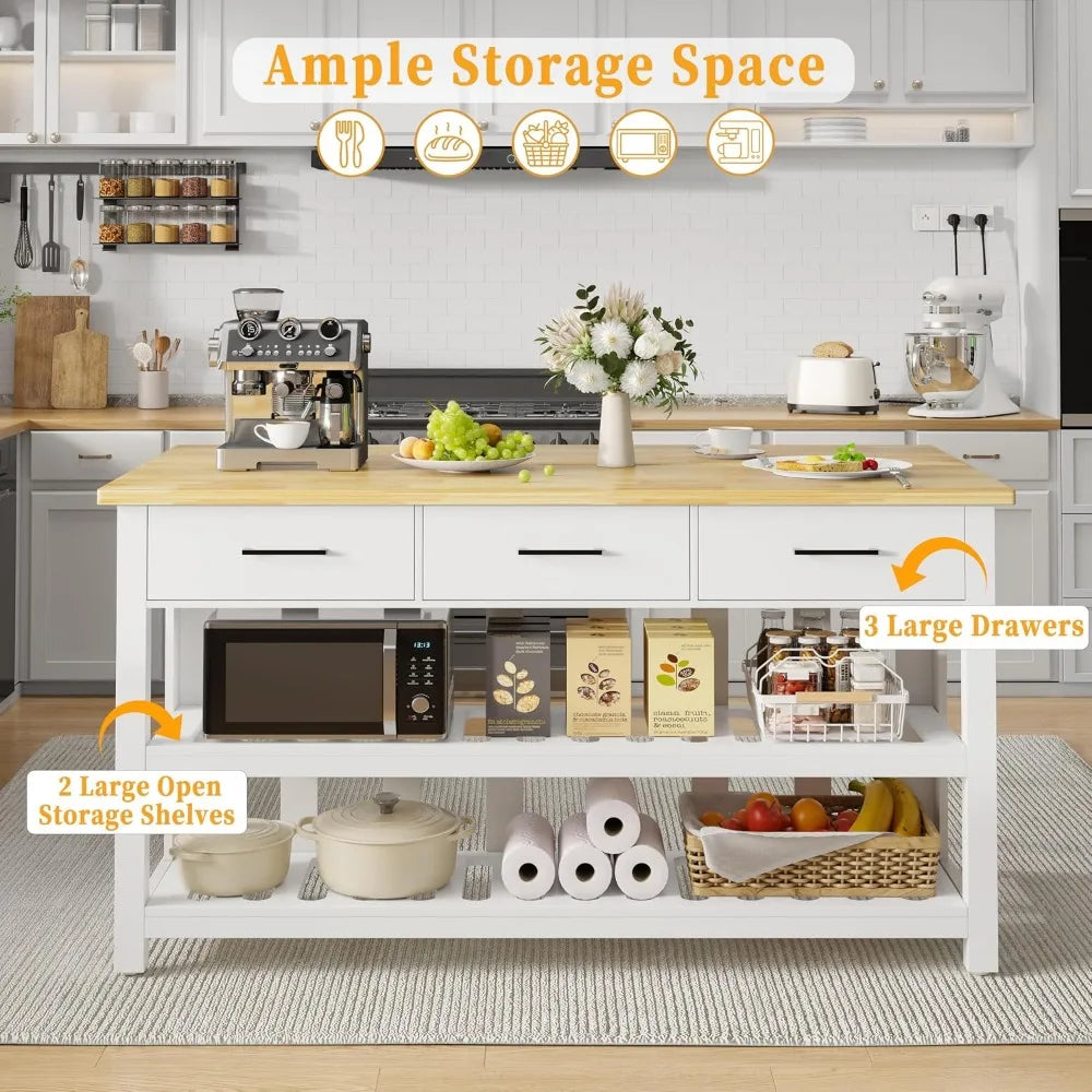 Solid Rubberwood Kitchen Island With Power Outlets And Storage