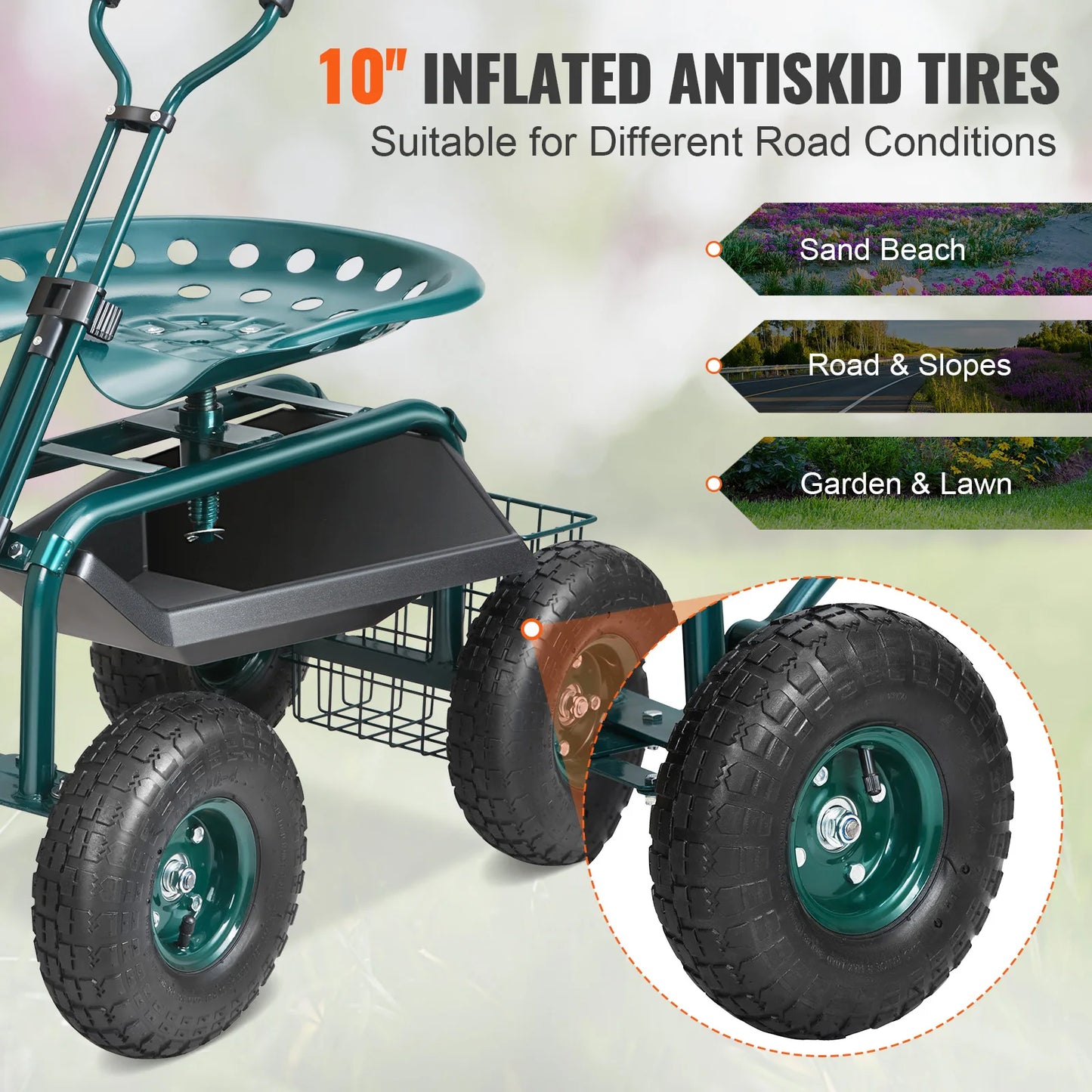 SucceBuy Garden Cart Rolling Workseat With Swivel Seat