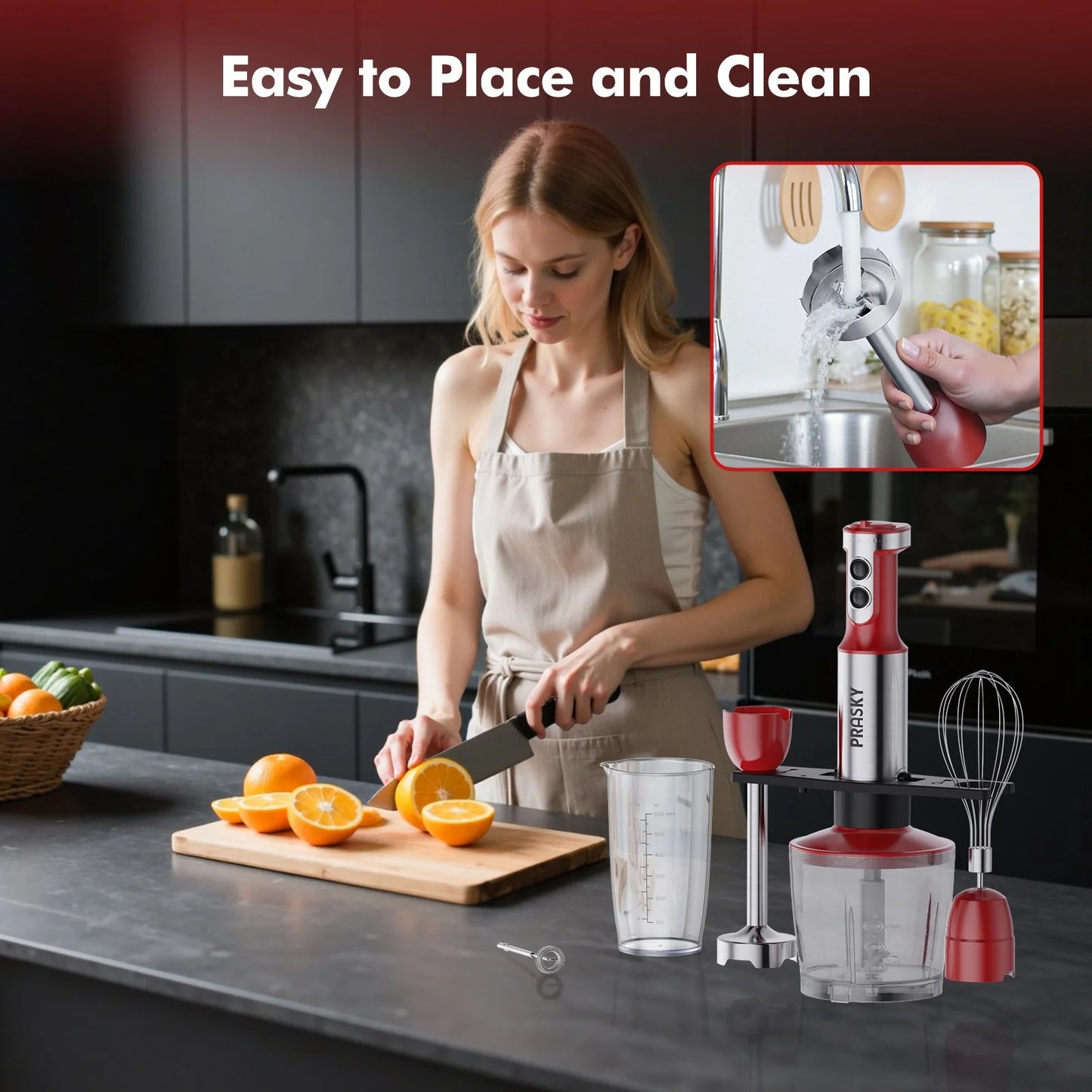 Prasky 5-In-1 Handheld Immersion Blender With Whisk And Meat Chopper
