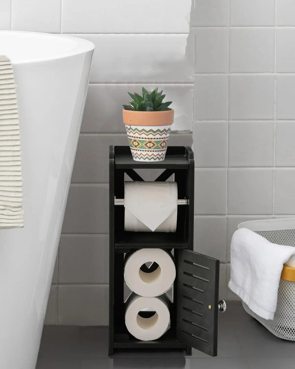 XIUWO Free Standing Bathroom Storage Cabinet With Toilet Paper Holder
