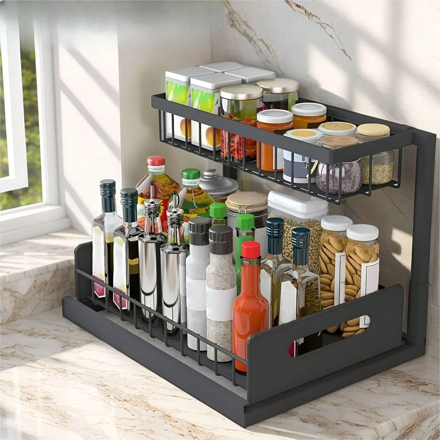 Under Sink 2 Tier Sliding Cabinet Organizer Rack Kitchen Bath