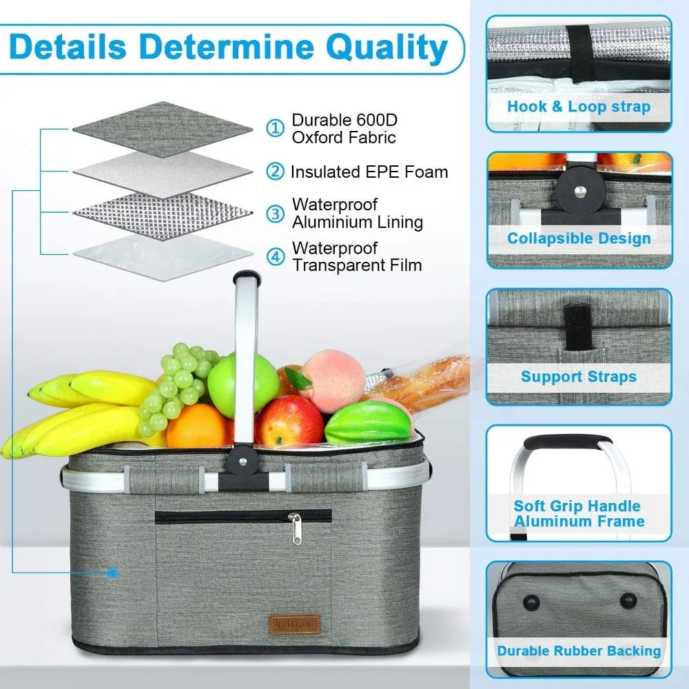 NBVCX Insulated Picnic Basket With Dual Pockets And Leakproof Foldable