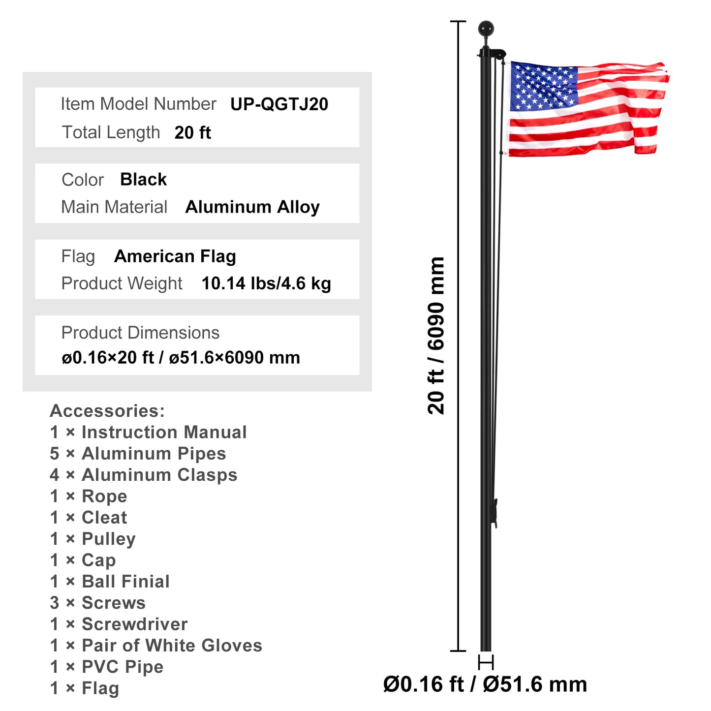 VEVOR 16 To 30 Ft In Ground Aluminum Flag Pole Kit With American Flag