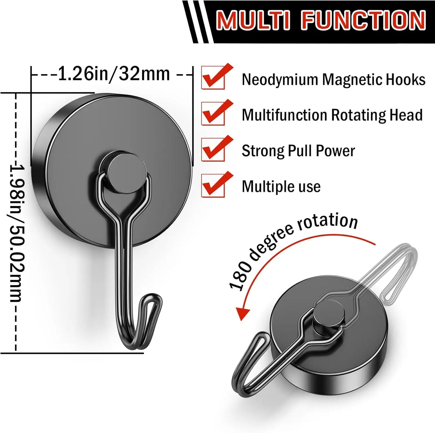 100lb+ Magnetic Hooks, Rare Earth Neodymium Magnets for Refrigerator, Grill & Cruise Essentials