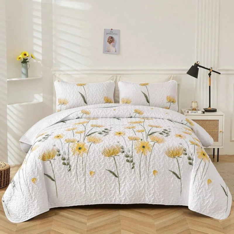 Yellow Paisley Quilt Set 3 Pieces Coverlet Bedding