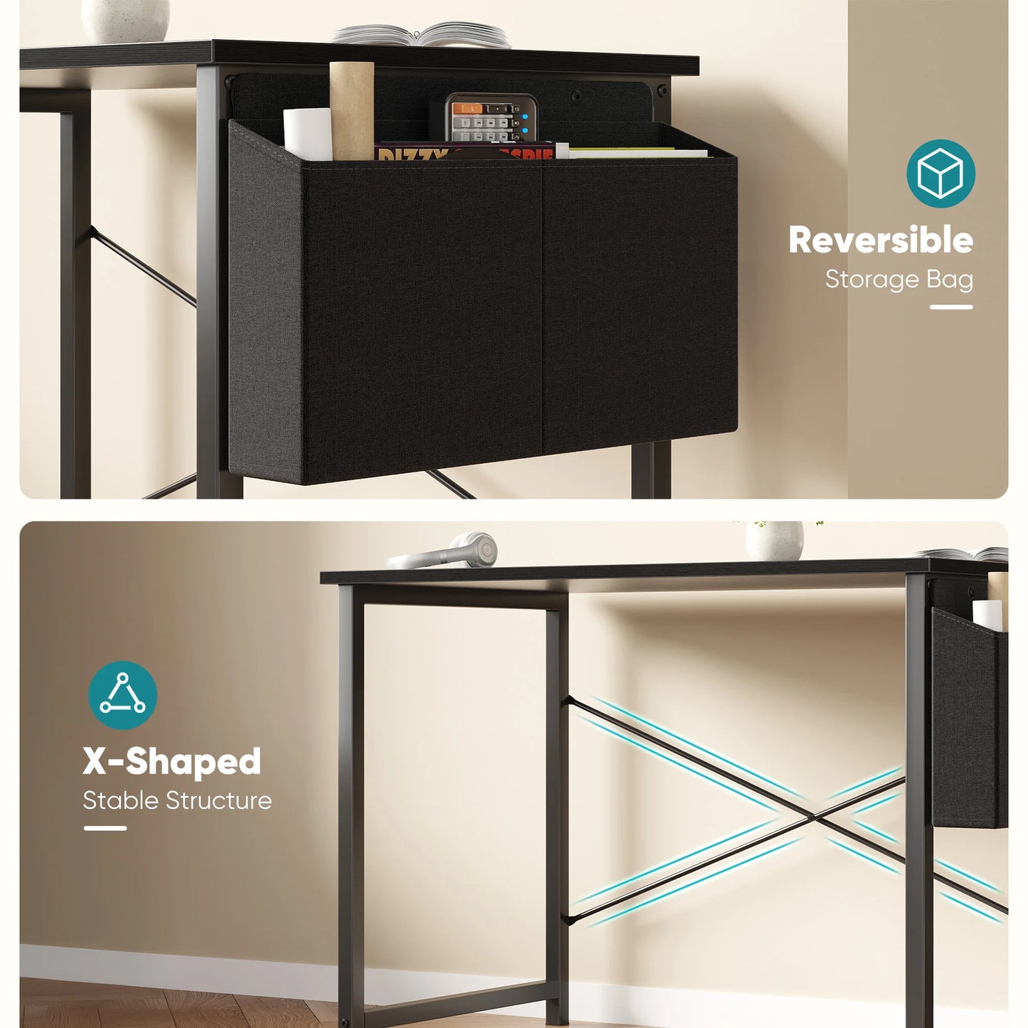 JHK Adjustable Computer Desk With Storage Bag Metal Frame Wood Top Assembly