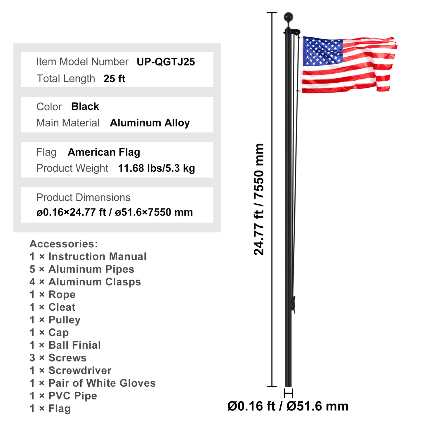VEVOR 16 To 30 Ft In Ground Aluminum Flag Pole Kit With American Flag