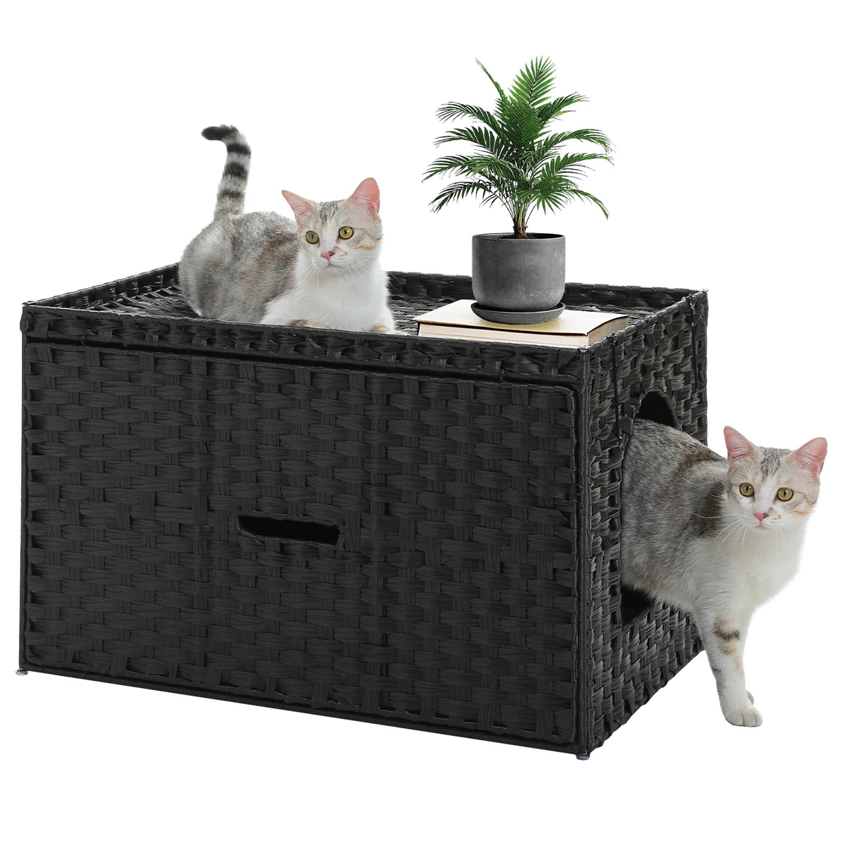 PEQULTI Rattan Litter Box Enclosure With Taller Doorway Flip-Up Design.