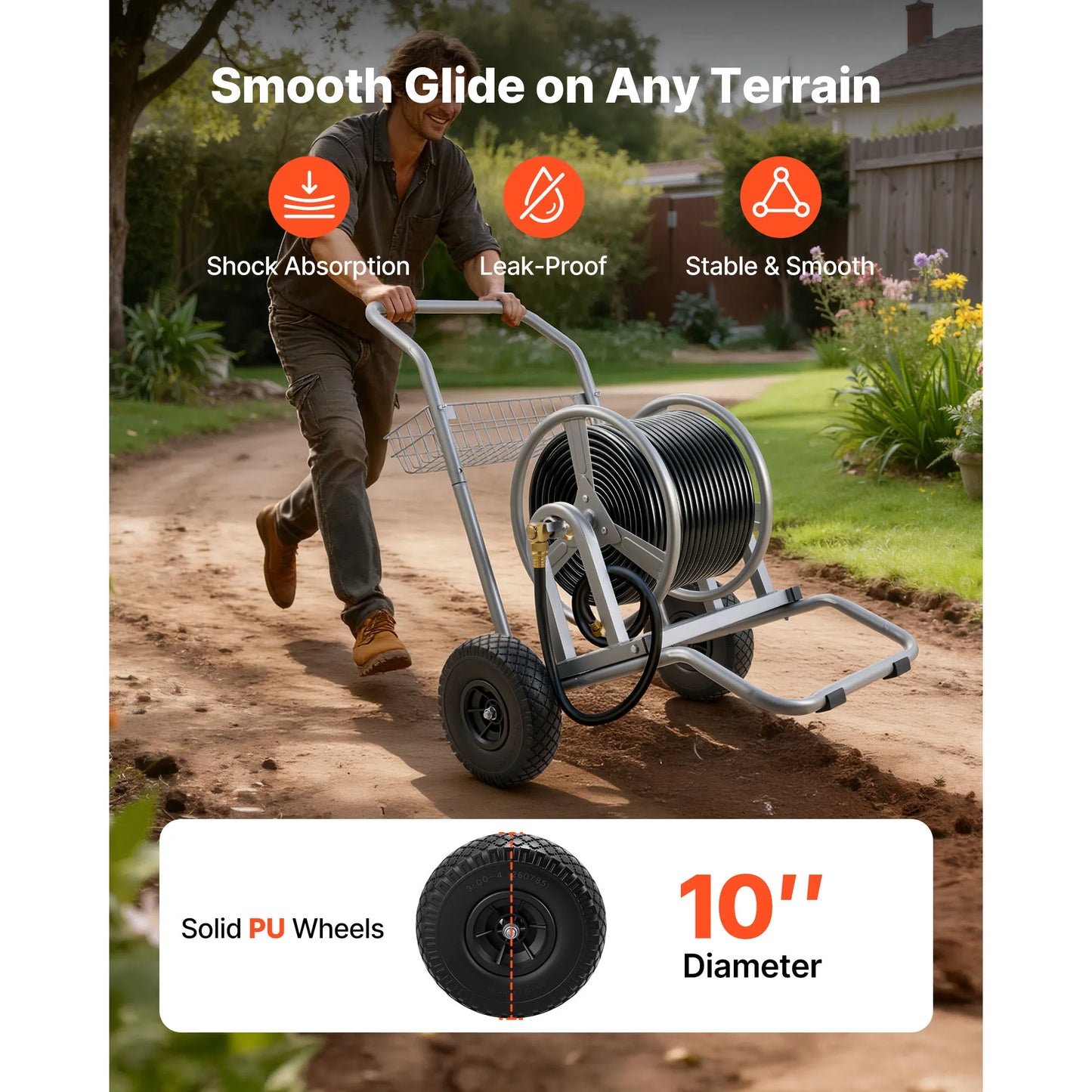 SucceBuy Water Hose Reel Cart With Mesh Storage Basket For Garden