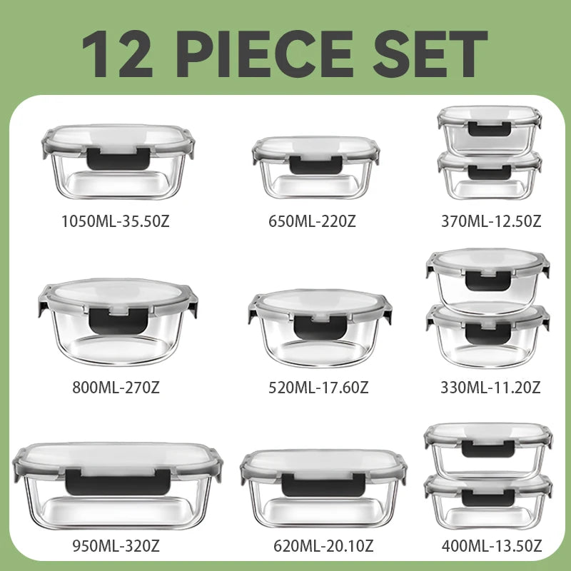 Glass Lunch Box Set 12 Piece Airtight Bento Boxes Containers