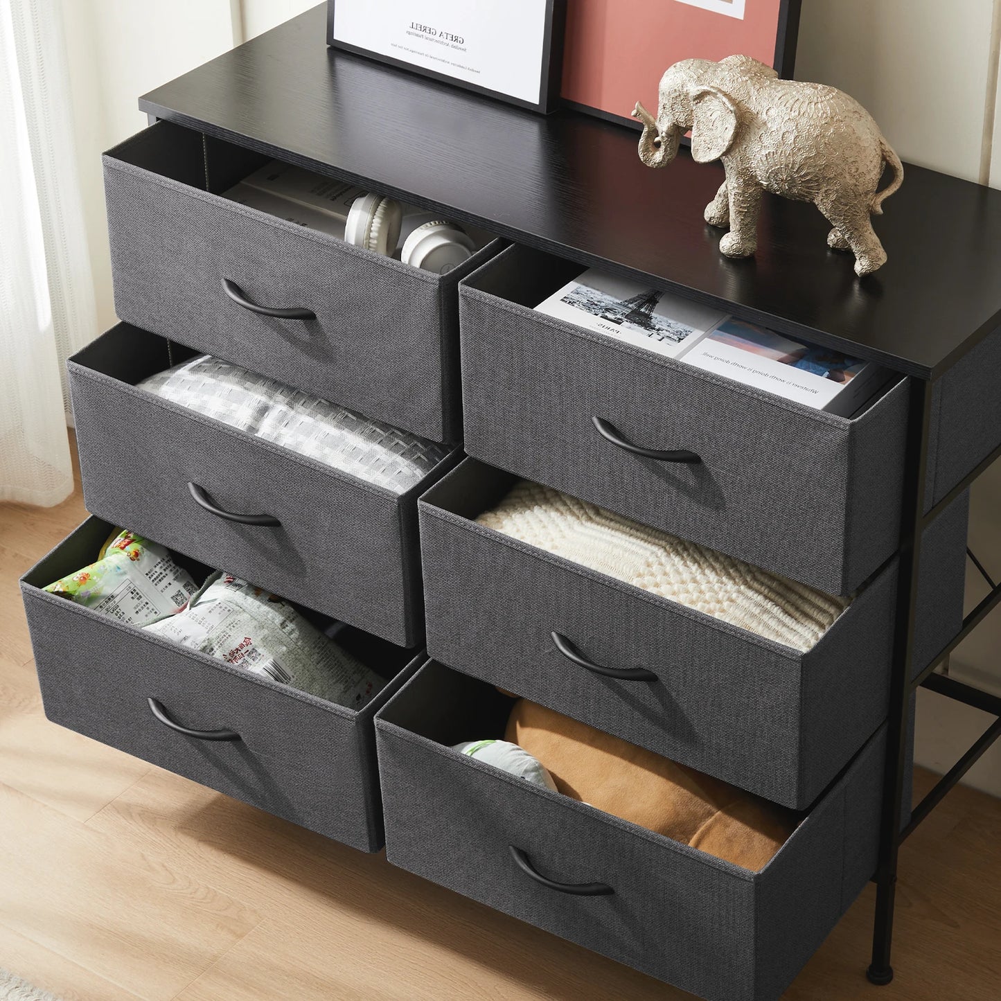 JHK 6 Fabric Drawers Nightstand With Storage Cabinet