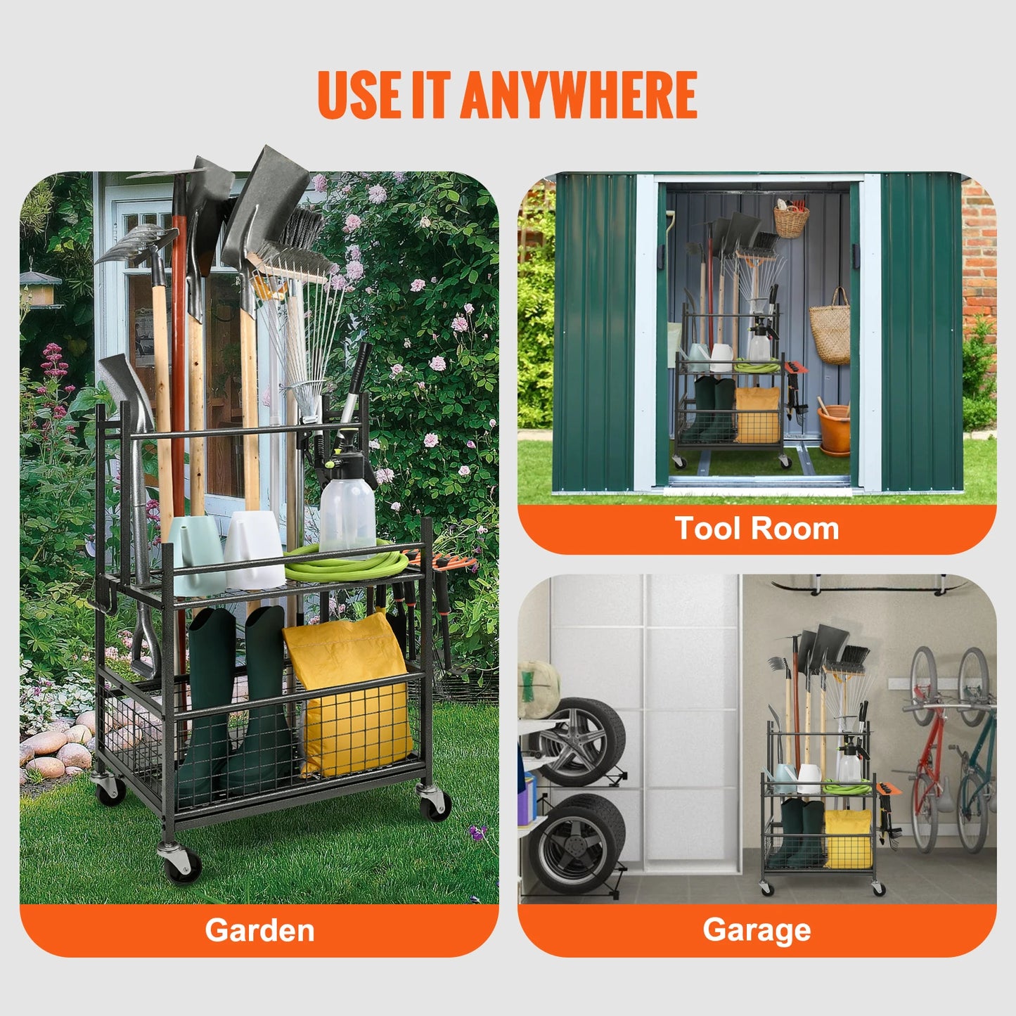 16 Slot Garden Tool Organizer Rack With Hooks And Wheels