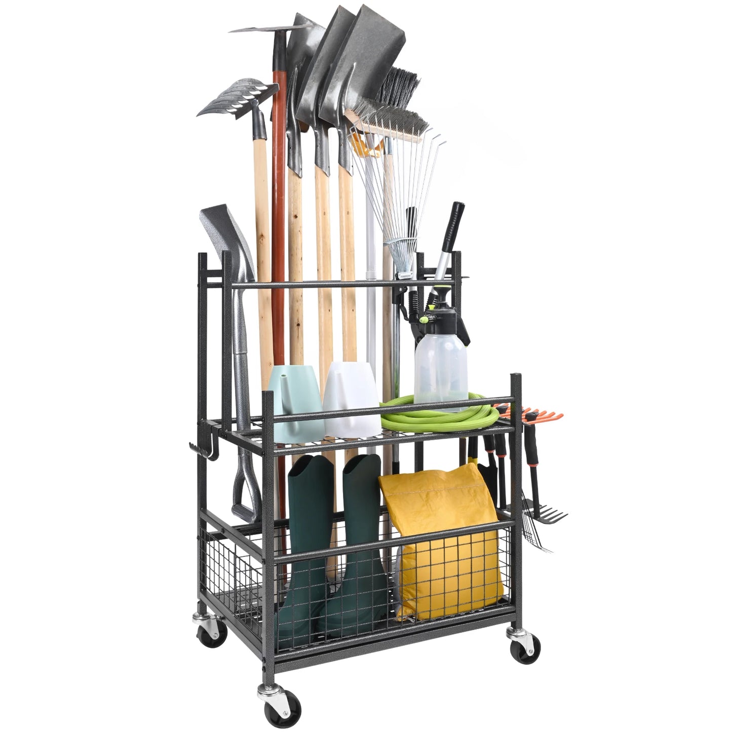 16 Slot Garden Tool Organizer Rack With Hooks And Wheels