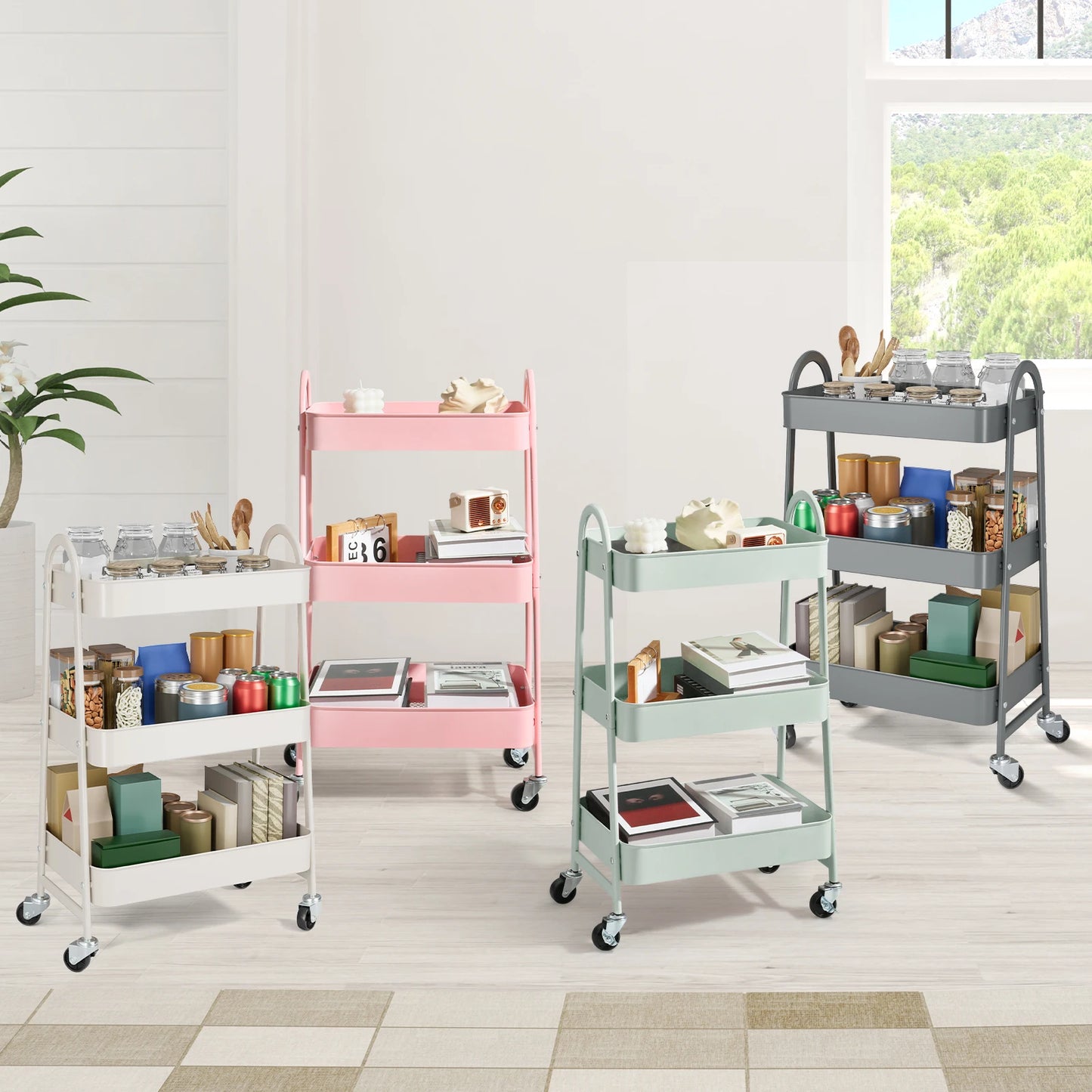 JHK Three Tier Metal Storage Cart With Lockable Wheels