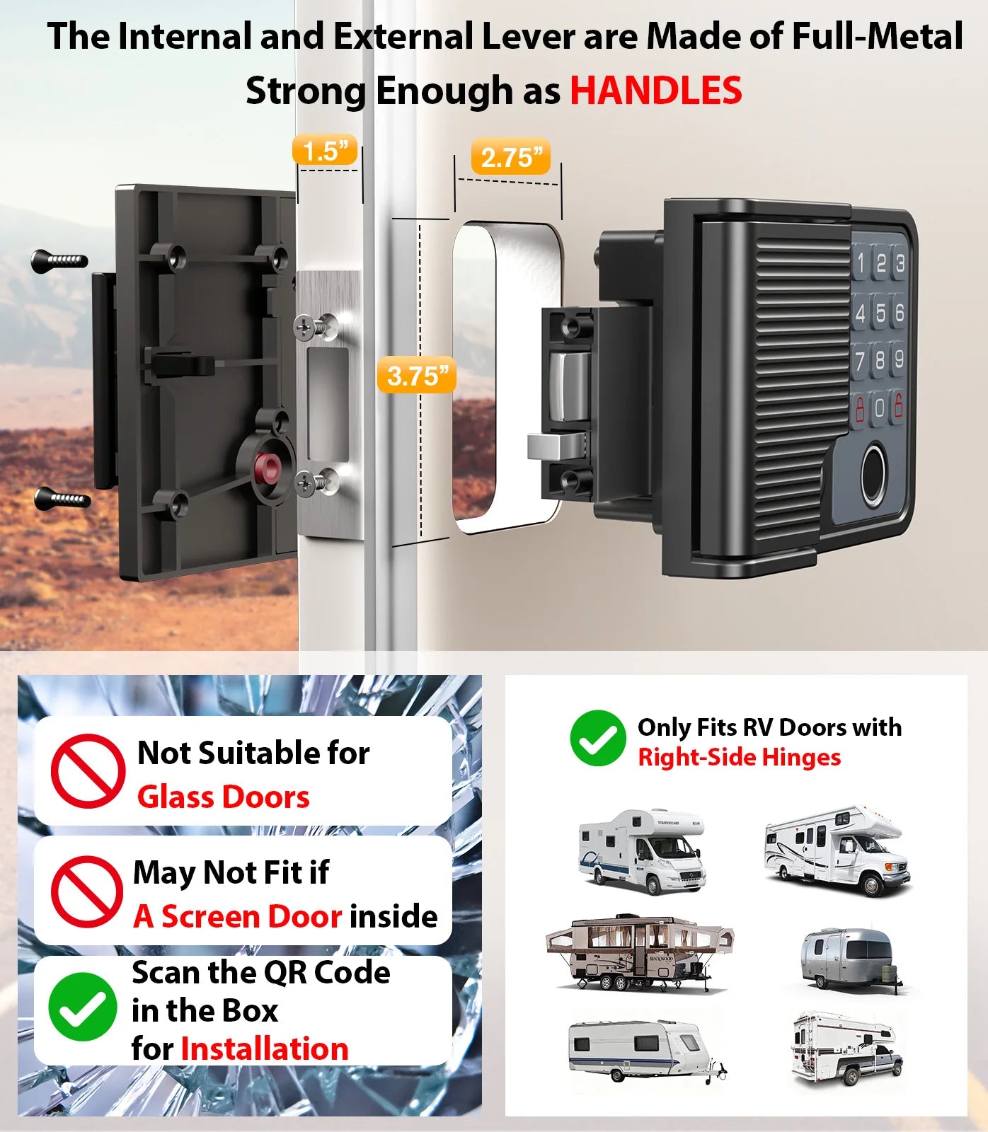 Smart RV Door Lock Weatherproof Keyless Entry With Fingerprint
