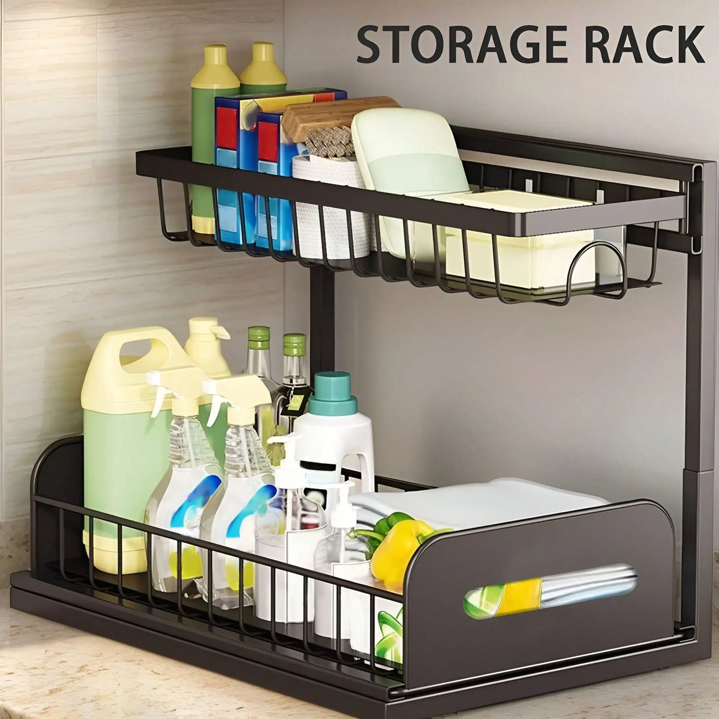 Under Sink 2 Tier Sliding Cabinet Organizer Rack Kitchen Bath