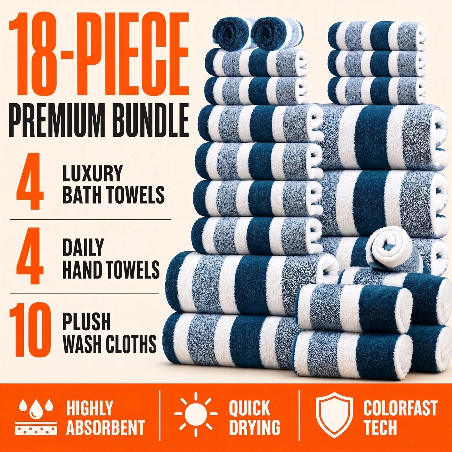 Luxury 18pc Quick Dry Coral Towel Set For Home