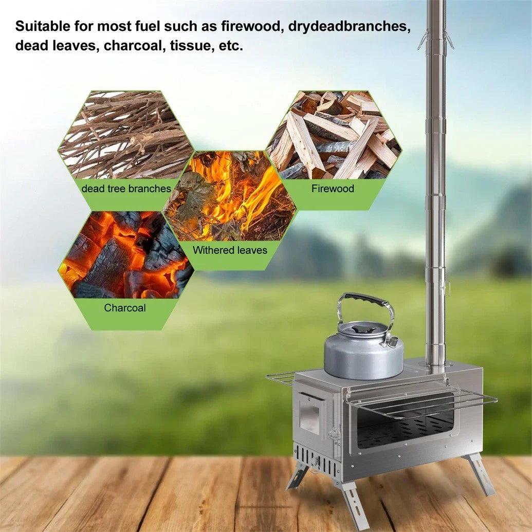 Wood Burning Tent Stove Portable With Six Stainless Chimney Pipes