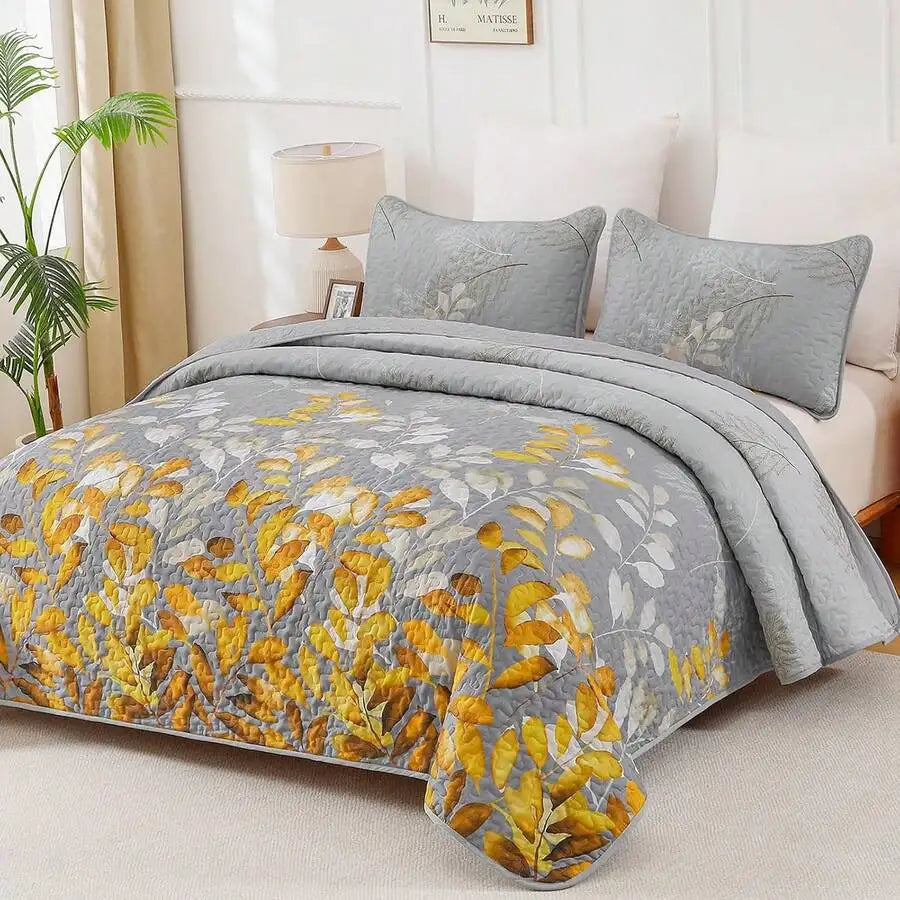 Yellow Paisley Quilt Set 3 Pieces Coverlet Bedding