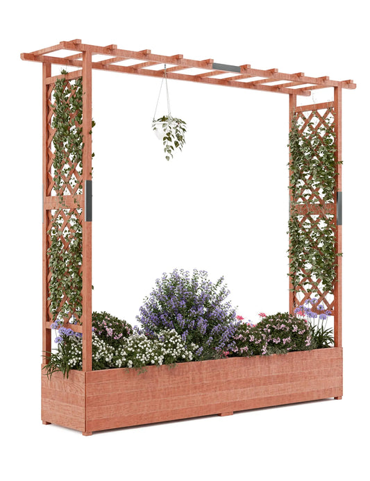 HiMISS Wooden Raised Garden Bed With Trellis Canopy Drainage