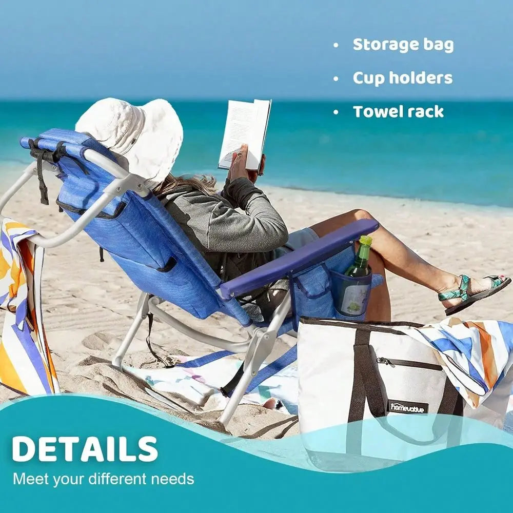 Beach Chair For Adult,Outdoor Camping Chair Lay Flat Folding Backpack Beach Reclining Chair,With Pockets Cup Holder