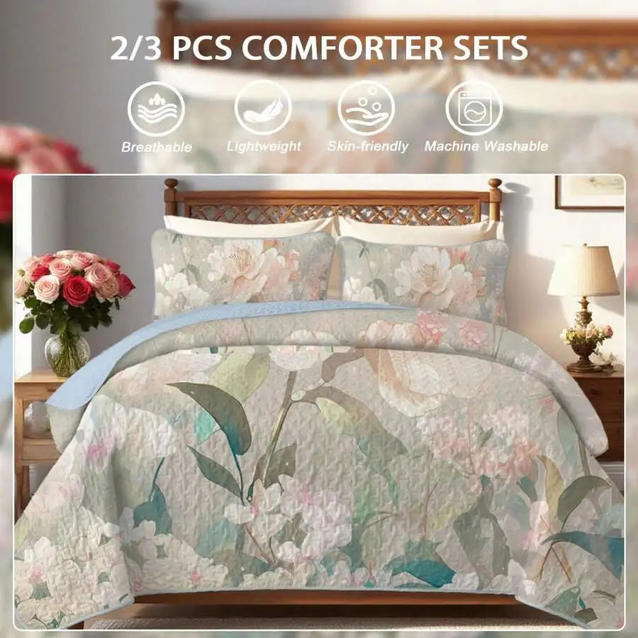 Purple Floral Grid Print Quilt Set Lightweight Breathable Polyester Cotton