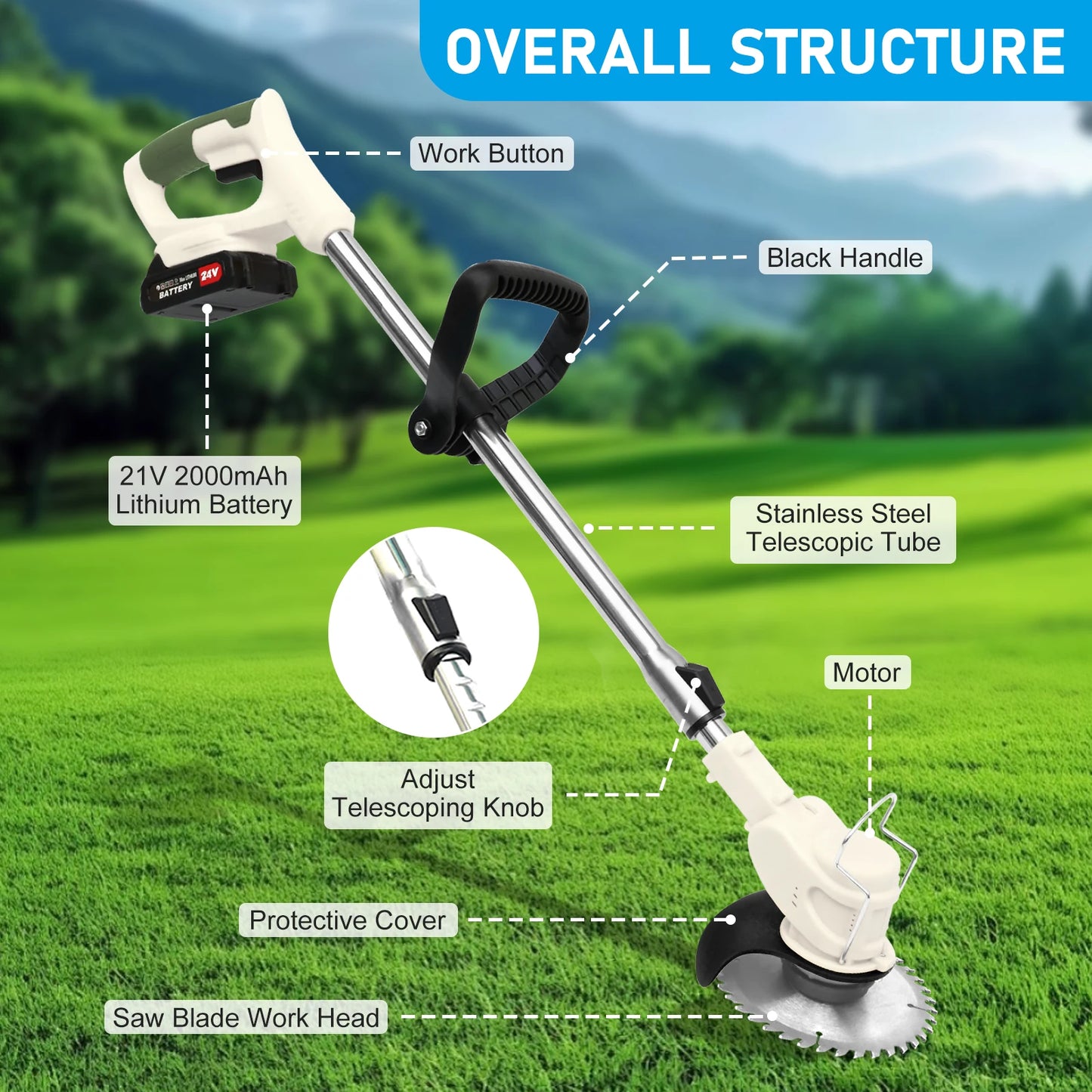 21V Cordless 3-In-1 Grass Trimmer Edger Mower With 2x2.0Ah Batteries