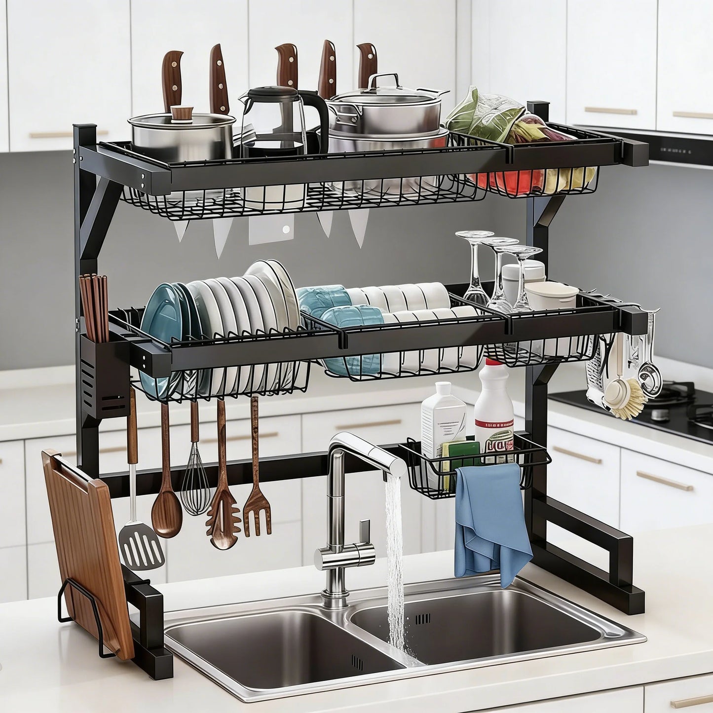 Over Sink Dish Drying Rack With Utensil Hooks And Shelves