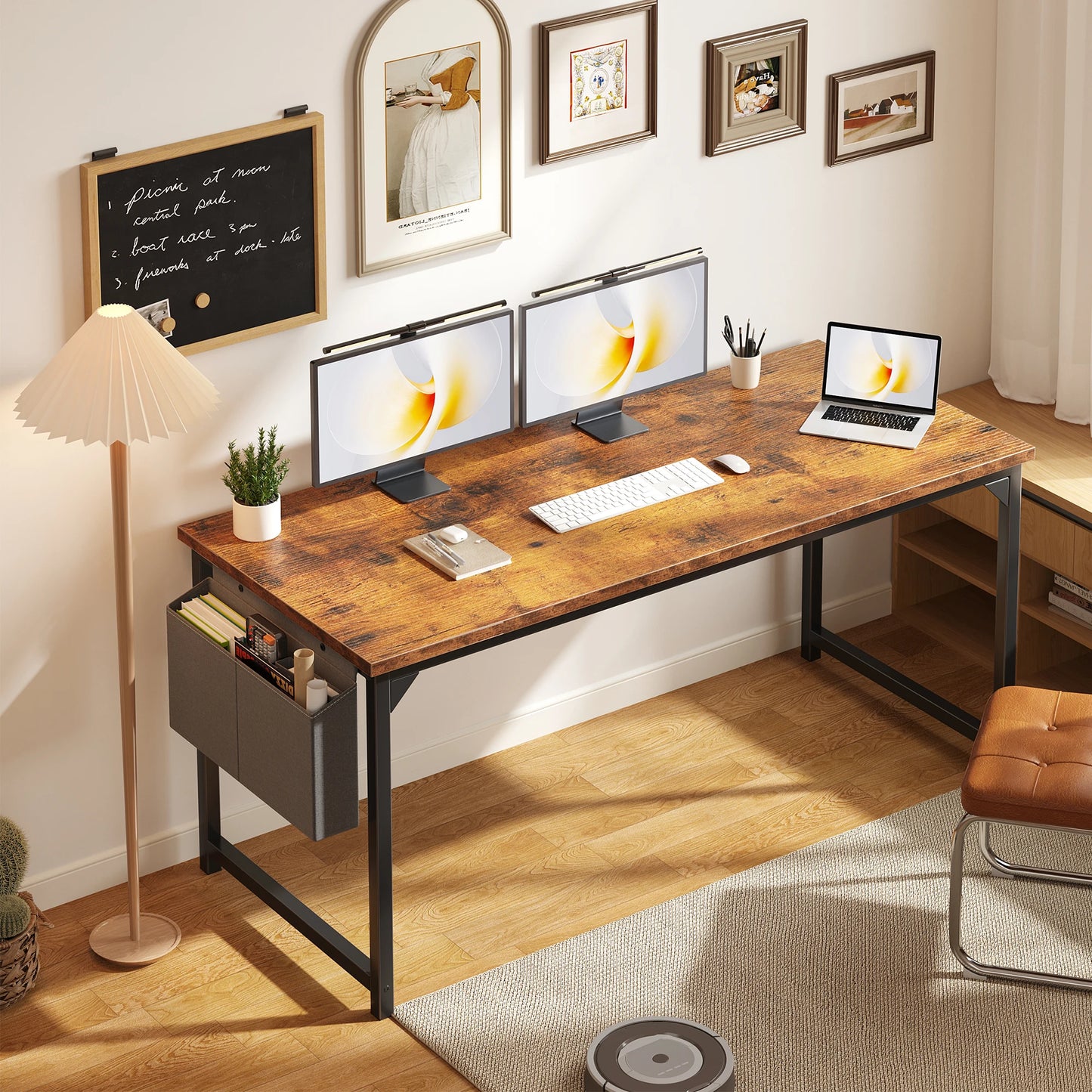 JHK Adjustable Computer Desk With Storage Bag Metal Frame Wood Top Assembly