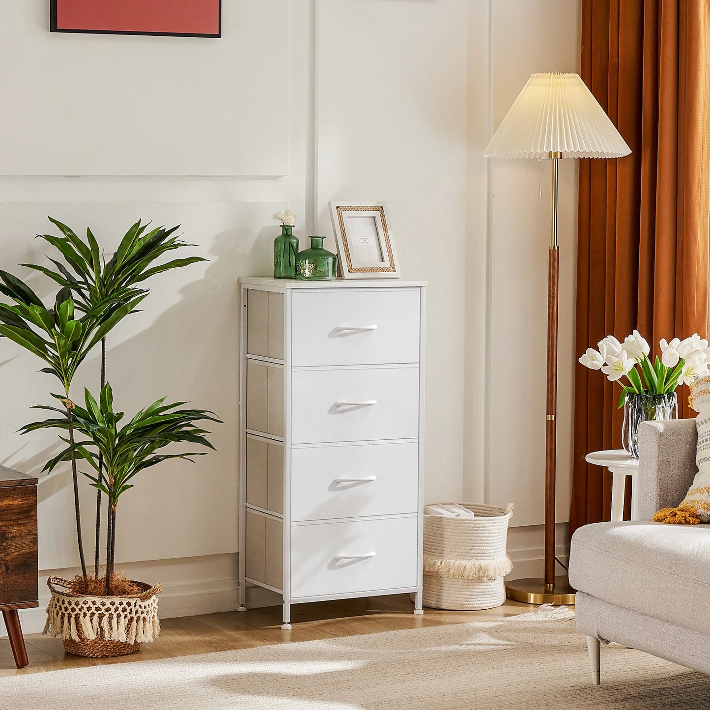 JHK Dresser With 4 Fabric Drawers Nightstand Steel Frame