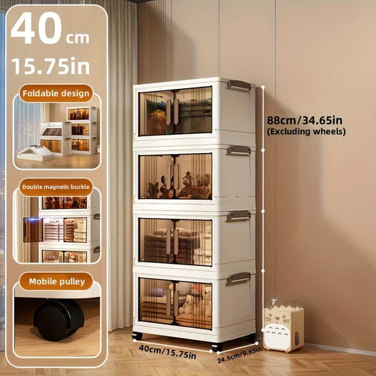 4/5-Tier Heavy-Duty Plastic Folding Storage Cabinet with Lid - Foldable & Stackable Shelving Unit, Wheeled Container Suitable fo