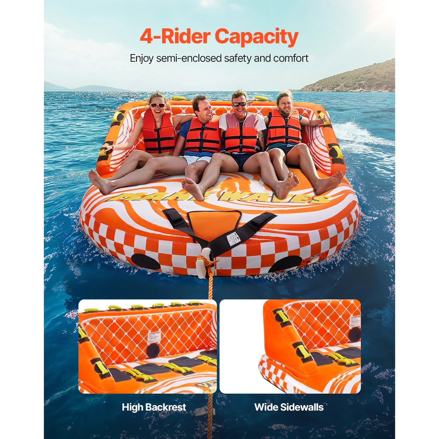 SucceBuy Towable Tube For Boating 1-4 Riders With 2 Towing Points