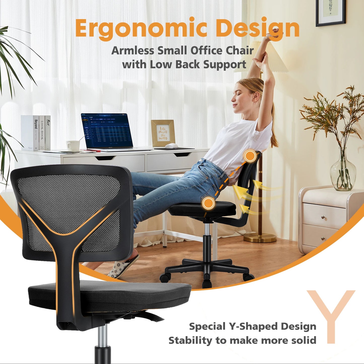 JHK Mesh Lumbar Armless Office Chair With Adjustable Height Wheels