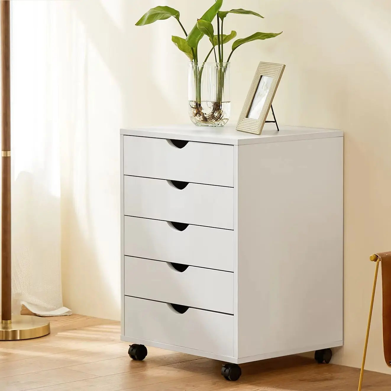 JHK Wood Nightstand Cabinet With Five Drawers On Wheels