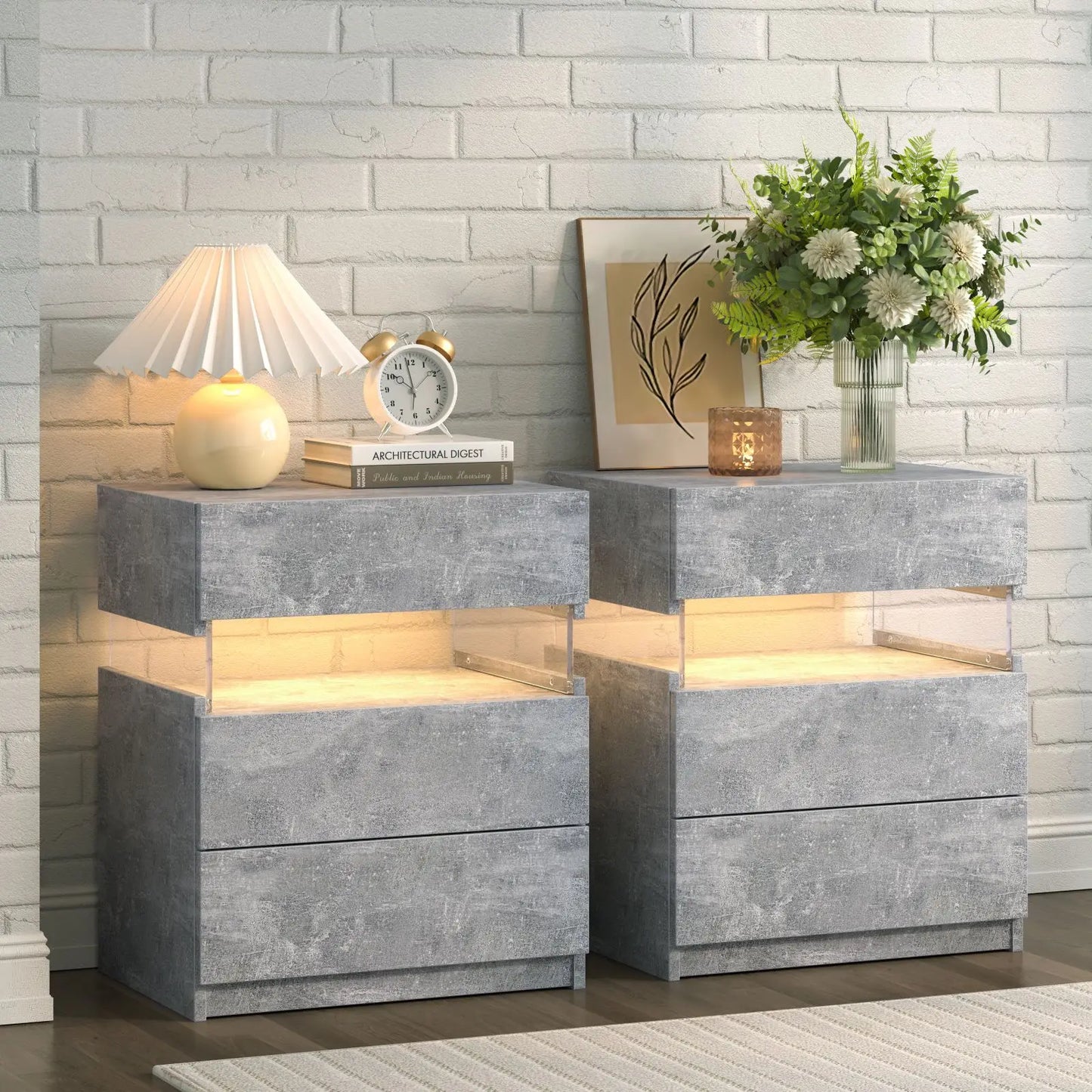 Cubehom Bedside Tables With LED Lighting, Two Drawer Nightstands