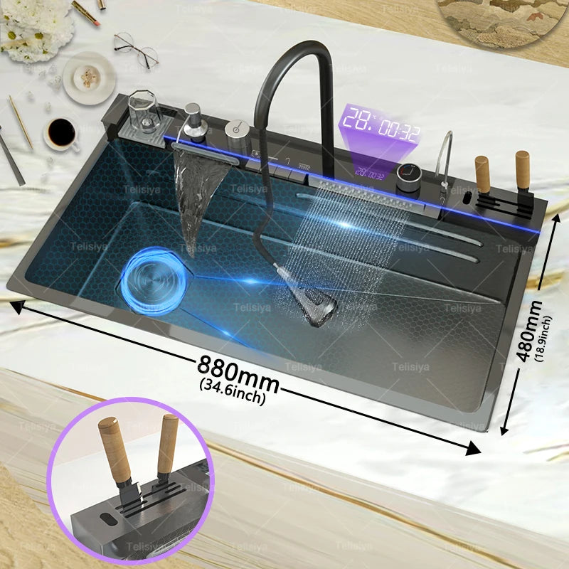Telisiya Stainless Steel Waterfall Kitchen Sink With Digital Display