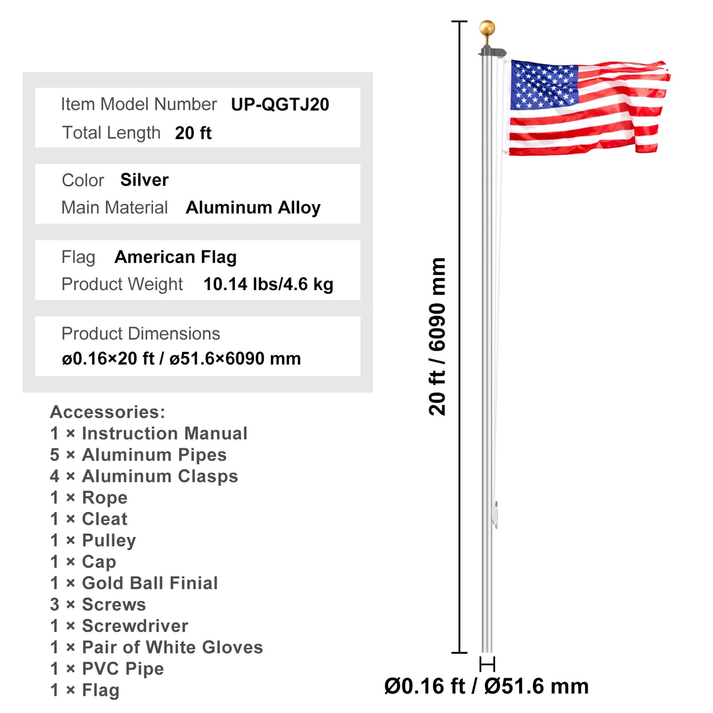 VEVOR Aluminum Flag Pole Kit for Yard With American Flag