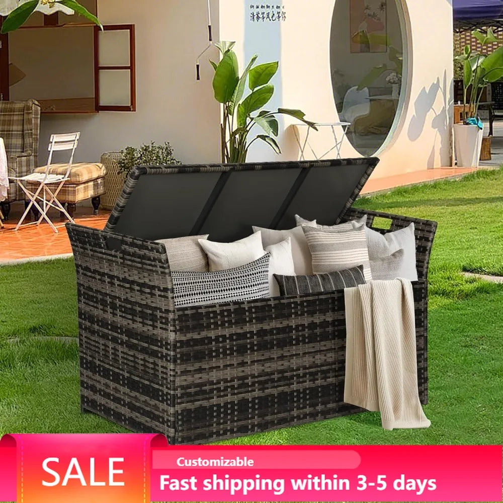 Outdoor Wicker Storage Bench With Cushion Patio Rattan Deck Box