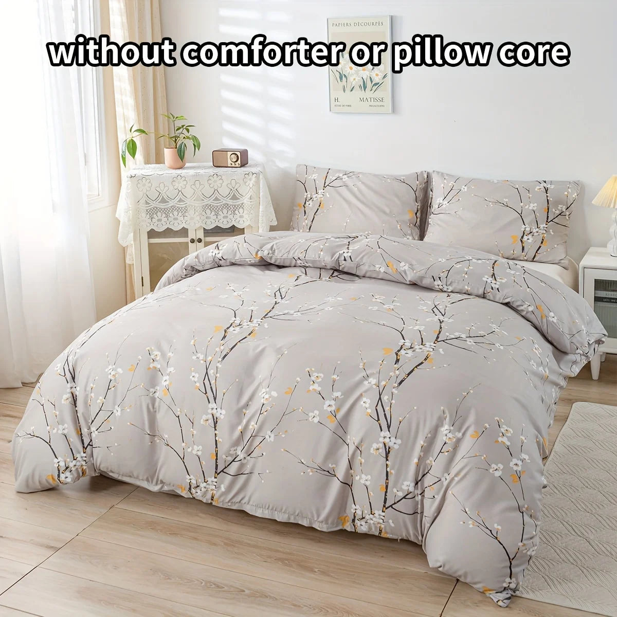 Plum Blossom Print Three-Piece Quilt Cover Set, Skin Friendly Bedding