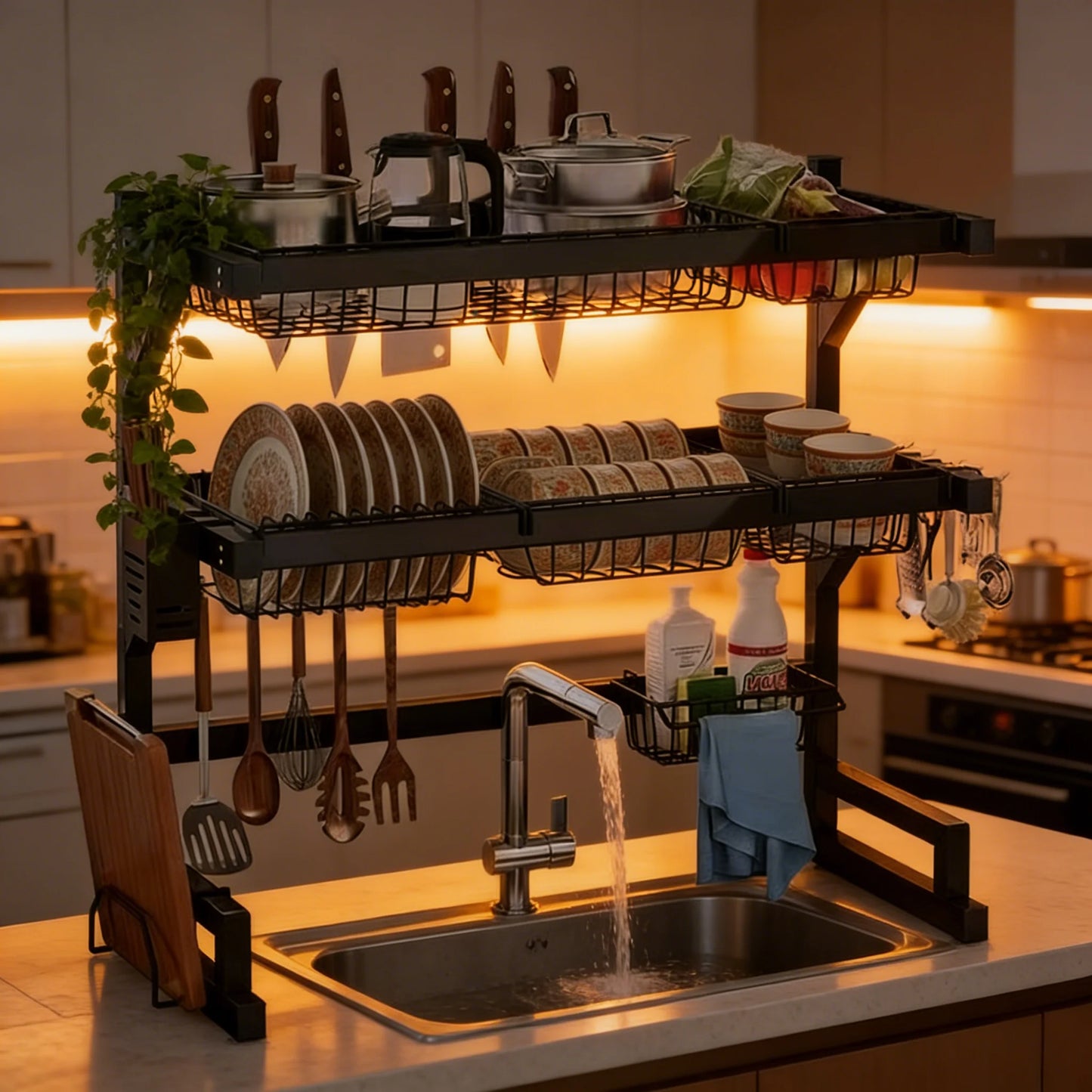 Over Sink Dish Drying Rack With Utensil Hooks And Shelves