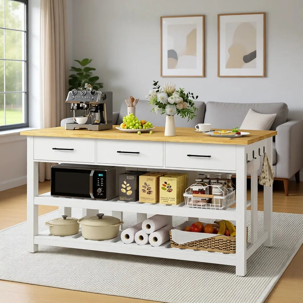 Solid Rubberwood Kitchen Island With Power Outlets And Storage