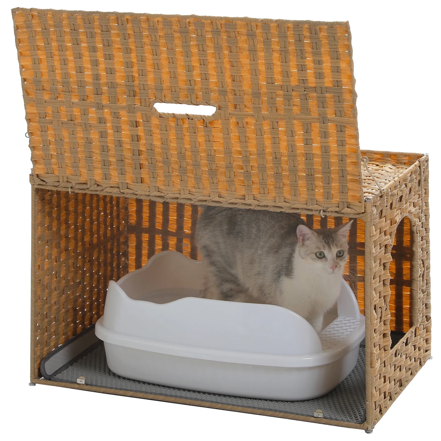 PEQULTI Rattan Litter Box Enclosure With Taller Doorway Flip-Up Design.