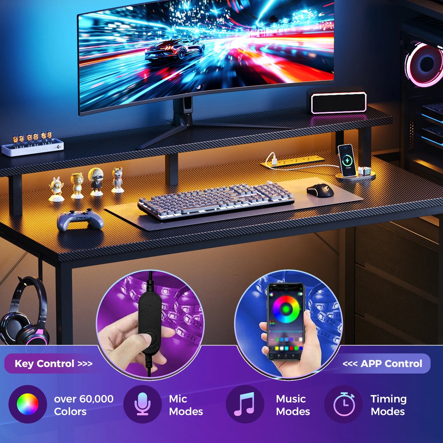 JHK Gaming Desk With LED Lights And 3 Storage Drawers