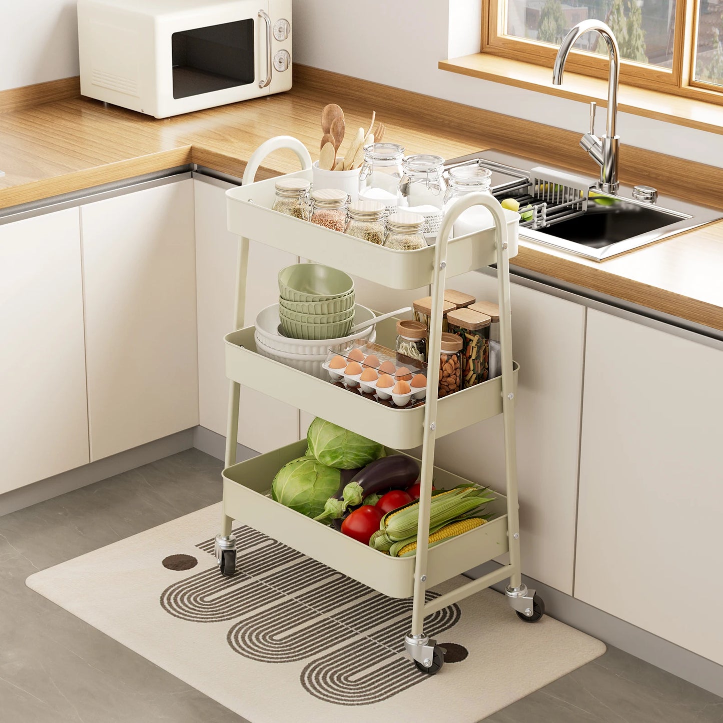 JHK Three Tier Metal Storage Cart With Lockable Wheels