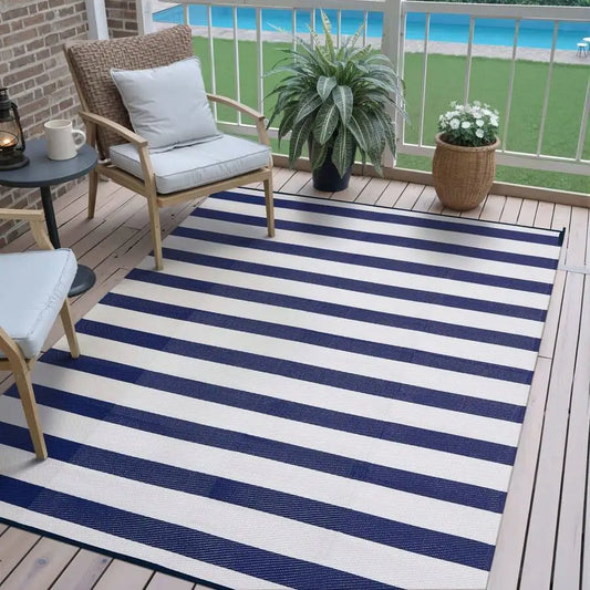Outdoor Waterproof Patio Rug Striped Reversible With PVC Backing