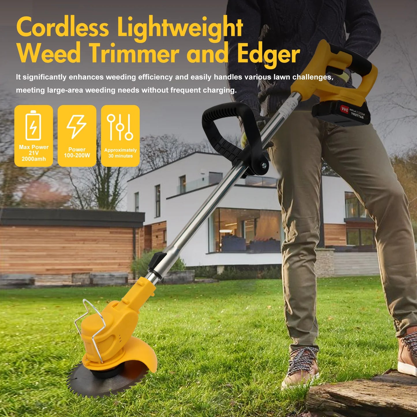 21V Cordless 3-In-1 Grass Trimmer Edger Mower With 2x2.0Ah Batteries