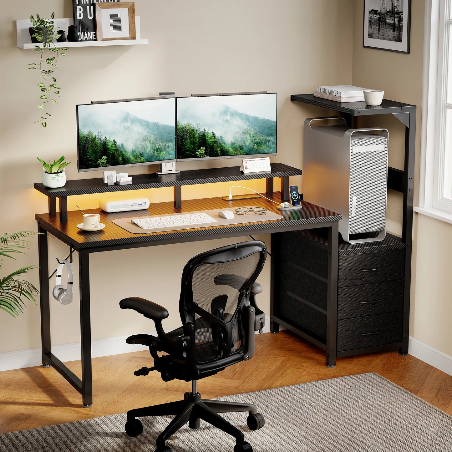 JHK Gaming Desk With LED Lights And 3 Storage Drawers